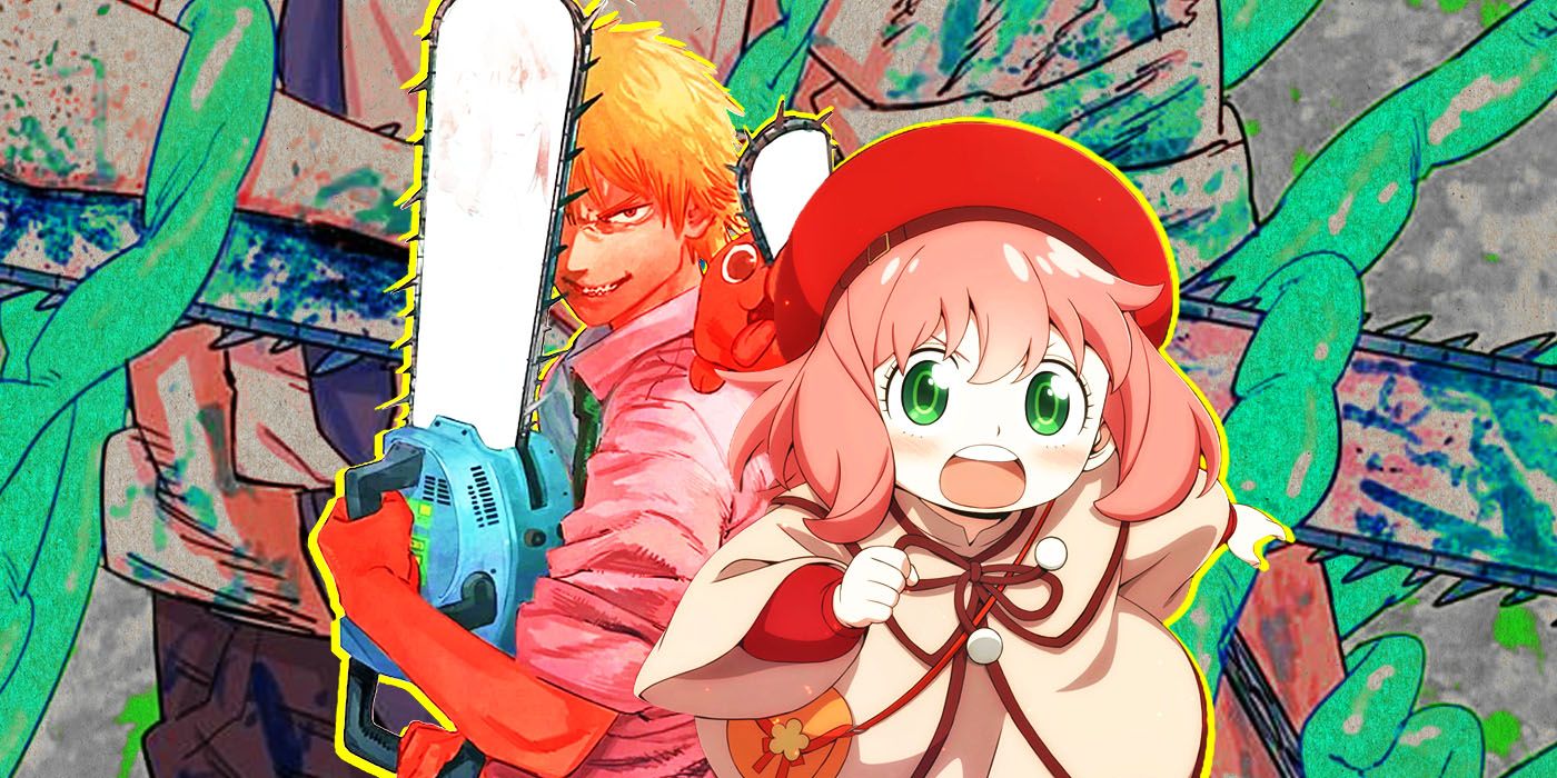 Denji from Chainsaw Man and Anya from Spy x Family with chainsaws in the background