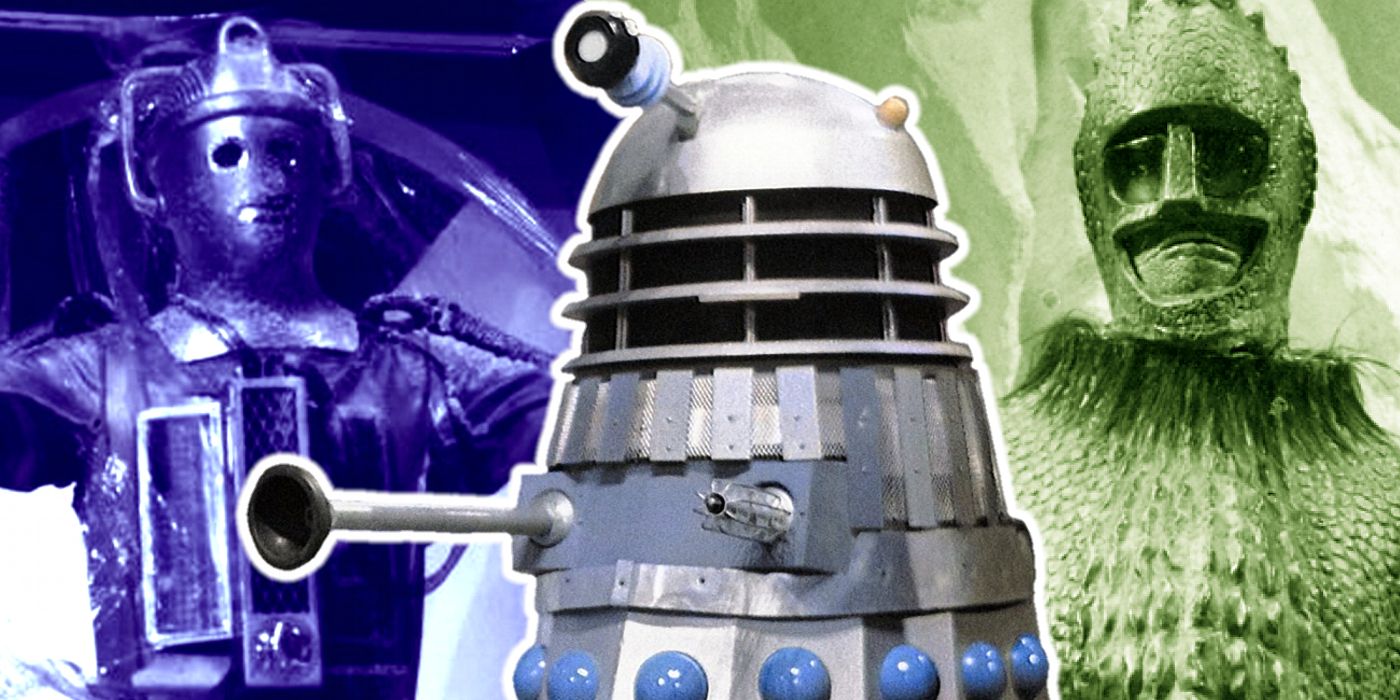 Uma colagem dos Daleks, Cybermen e Ice Warriors da série clássica de Doctor Who.