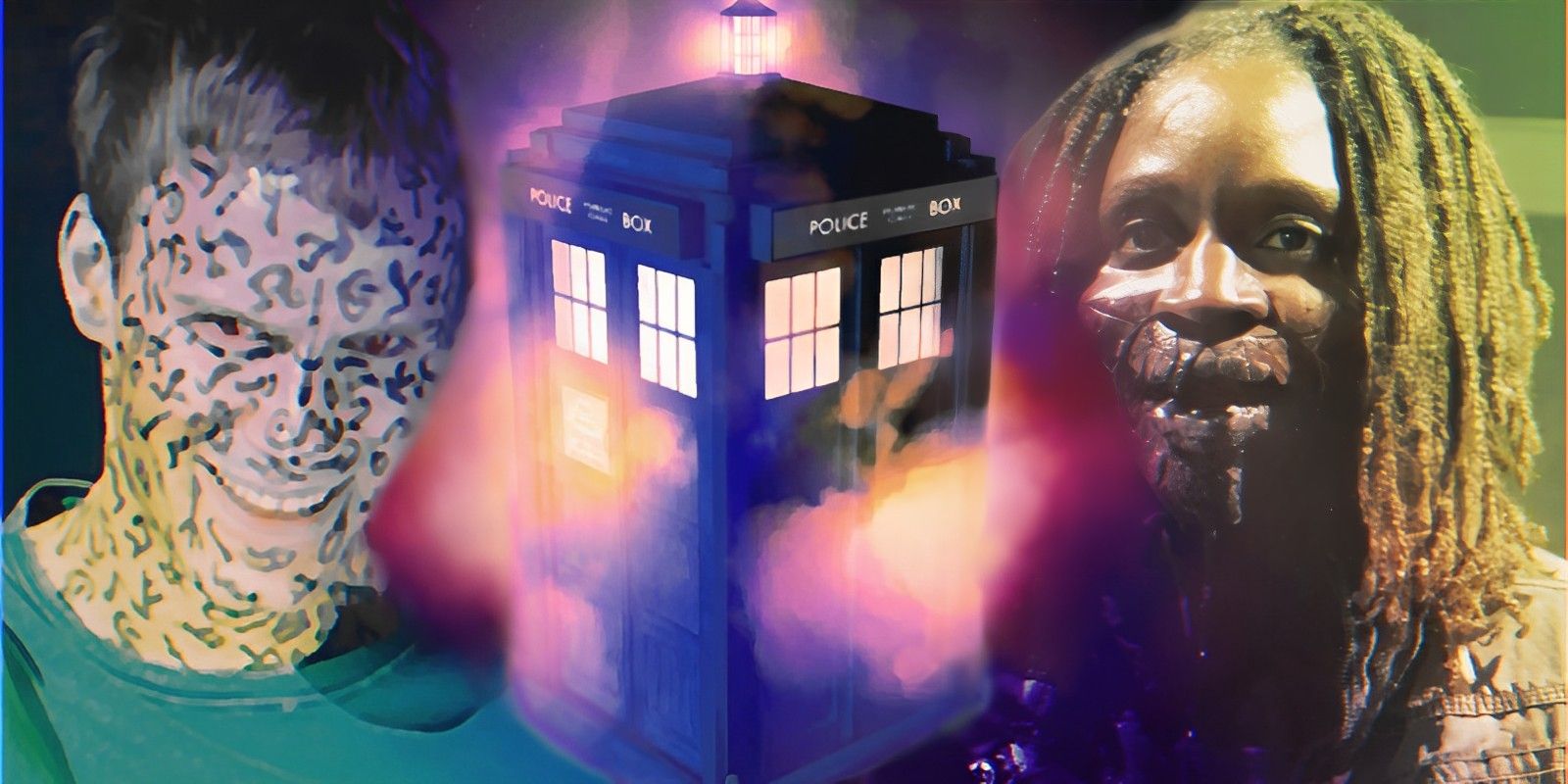 Doctor Who’s The Beast (in Toby) and The Flood (in Maggie) alongside The TARDIS.