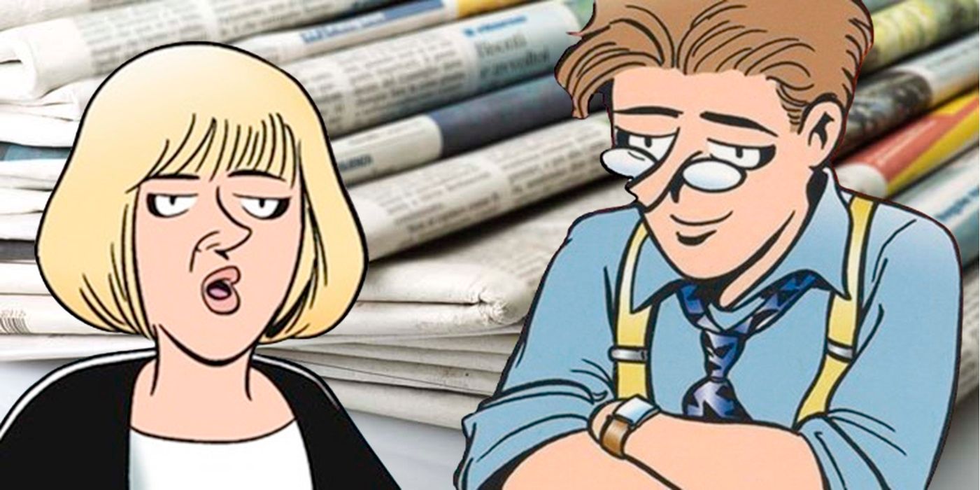 Doonesbury characters in front of newspapers