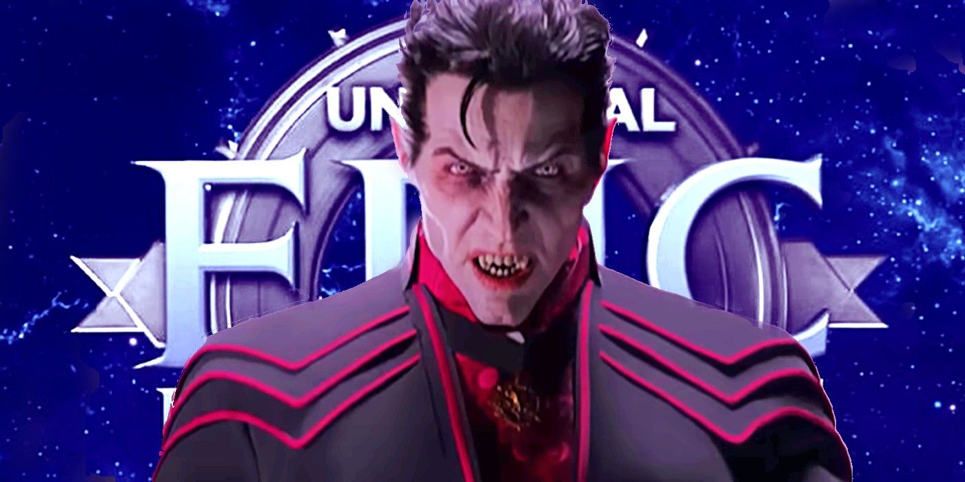 Dracula stands in front of the revealed logo for Universal Epic Universe.