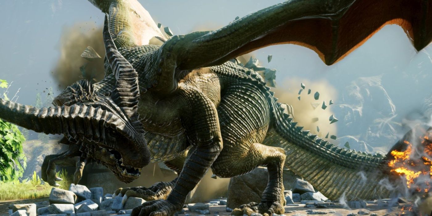 Um dos High Dragons opcionais em Dragon Age: Inquisition se agacha para um ataque.