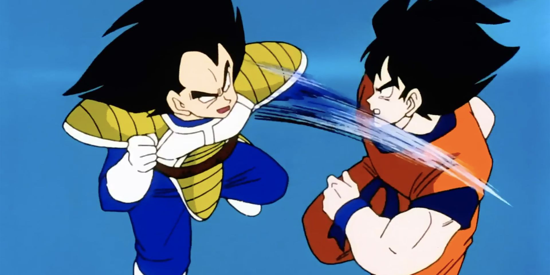 Goku dodges Vegeta's punches in their Saiyan Saga battle in Dragon Ball Z.