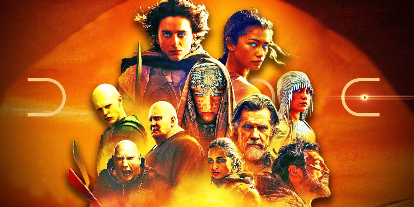 The main cast of Dune: Part Two poses with Arrakis in the background.