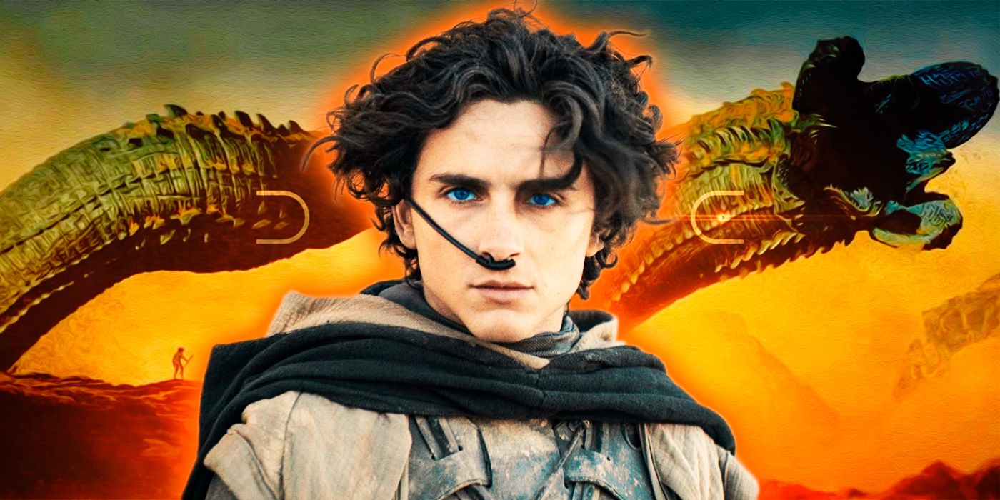 Timothee Chalamet as Paul Atreides in front of Sandworms from Dune.