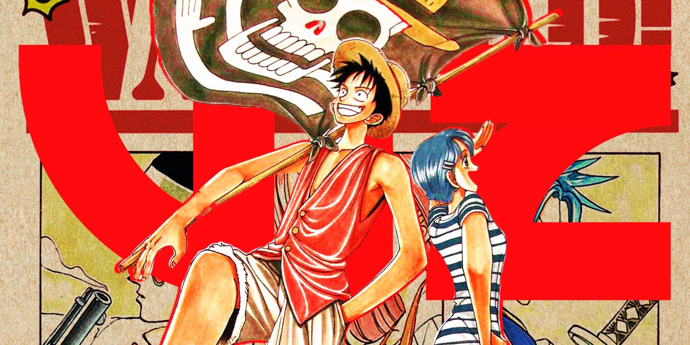One Piece's Luffy and a blue-haired female companion pose in front of the VIZ logo
