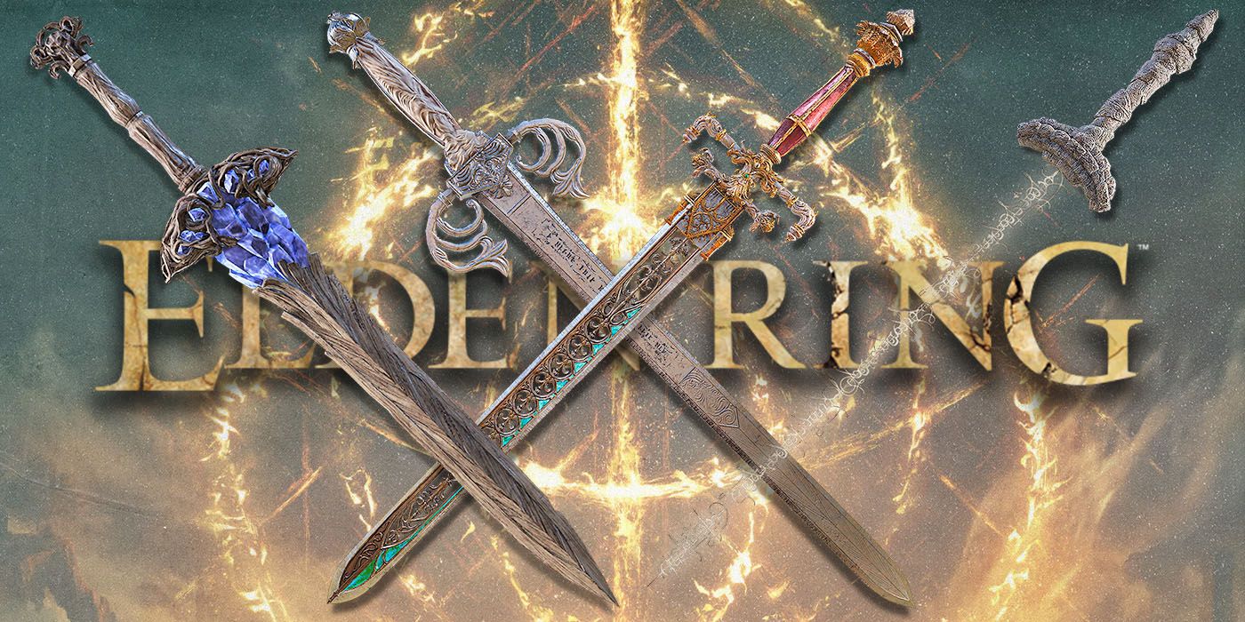 A custom collage of Elden Ring Straight Swords against an Elden Ring promo banner