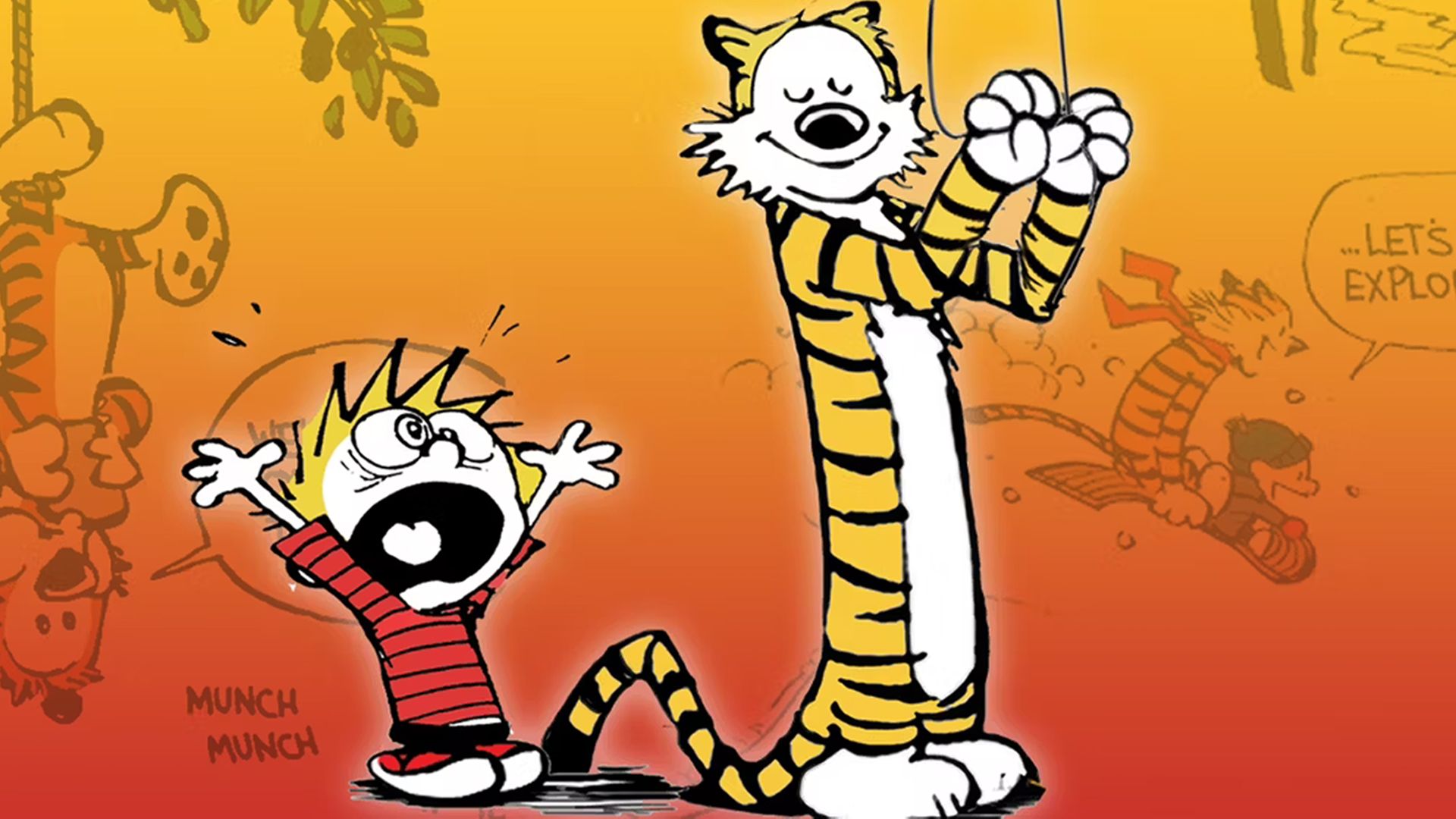 A collage of Calvin yelling while Hobbes smiles calmly in front of other Calvin and Hobbes strips