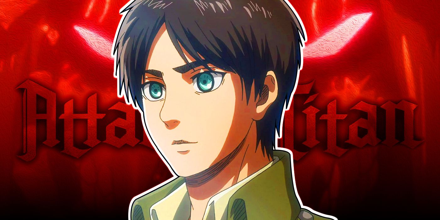 Eren Yeager from Attack on Titan smiling with the logo in the background