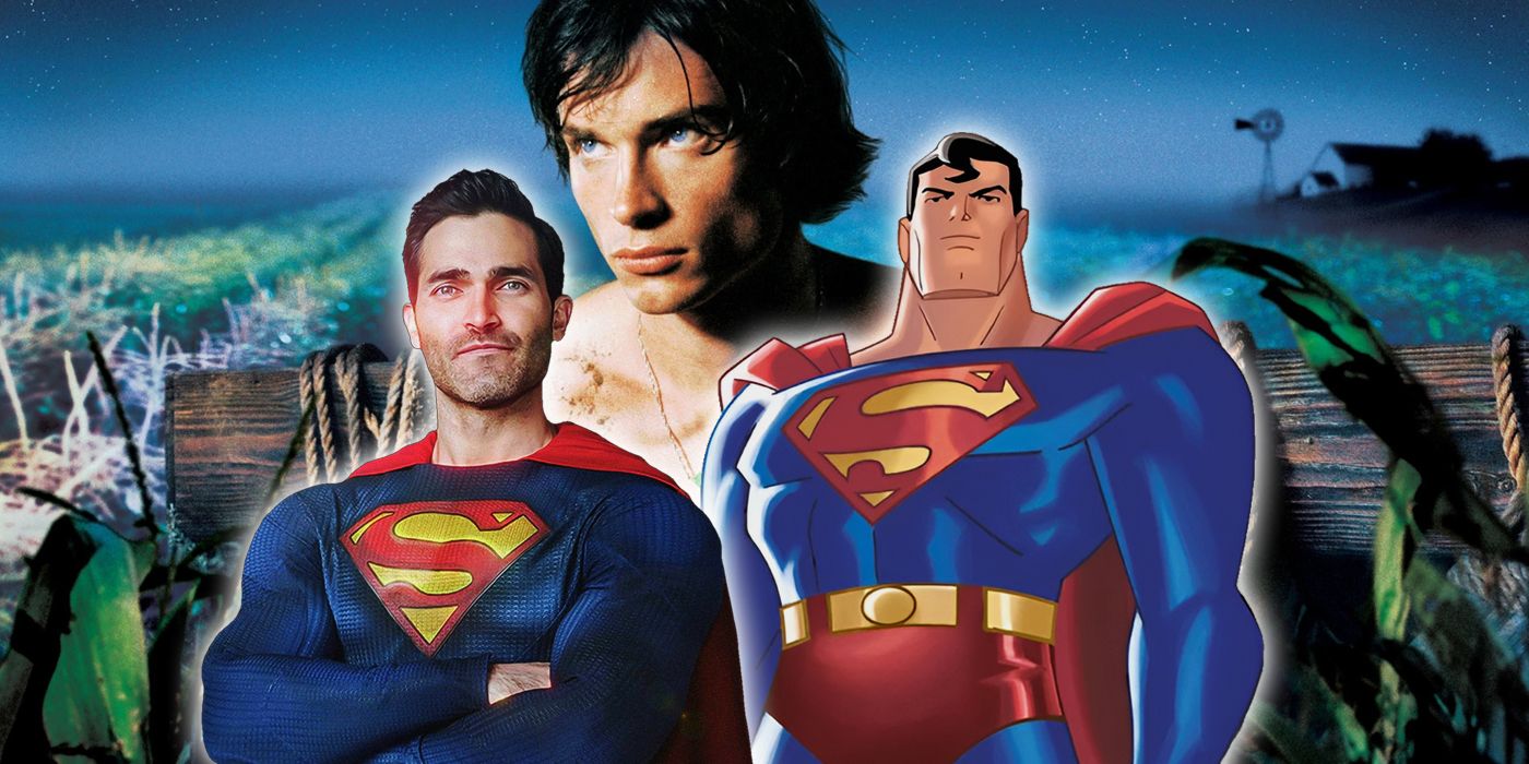 DCAU Superman, Arrowverse Superman, and Smallville Clark Kent in a collage image