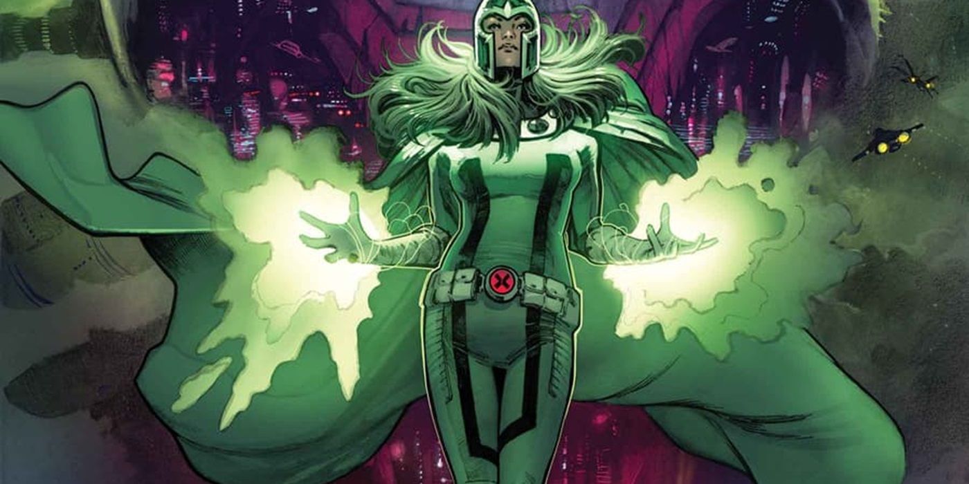 Polaris embraces her Magneto heritage by wearing a green version of Magneto's helmet