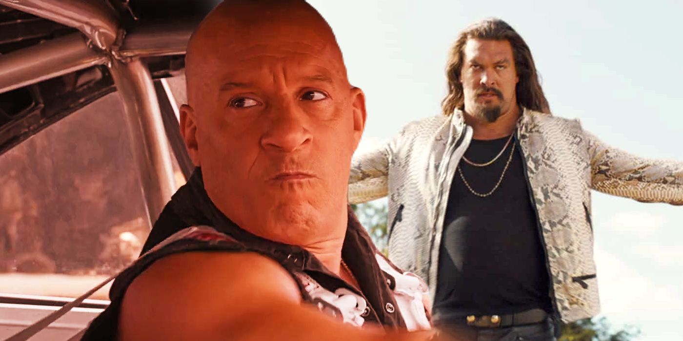Split: Dominic Toretto (Vin Diesel) racing; Dante Reyes (Jason Momoa) with arms outstretched in Fast X