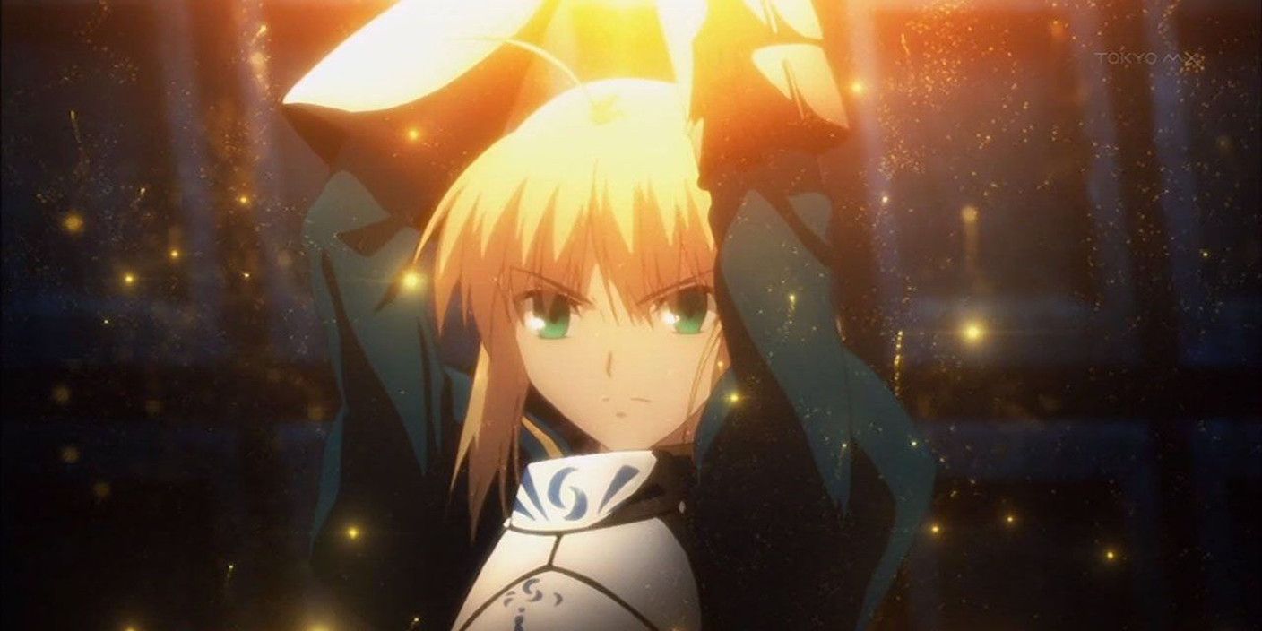 Saber raising Excalibur in the Fate anime
