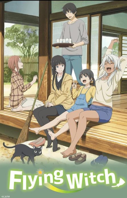 Flying Witch anime cover art with the cast on a porch