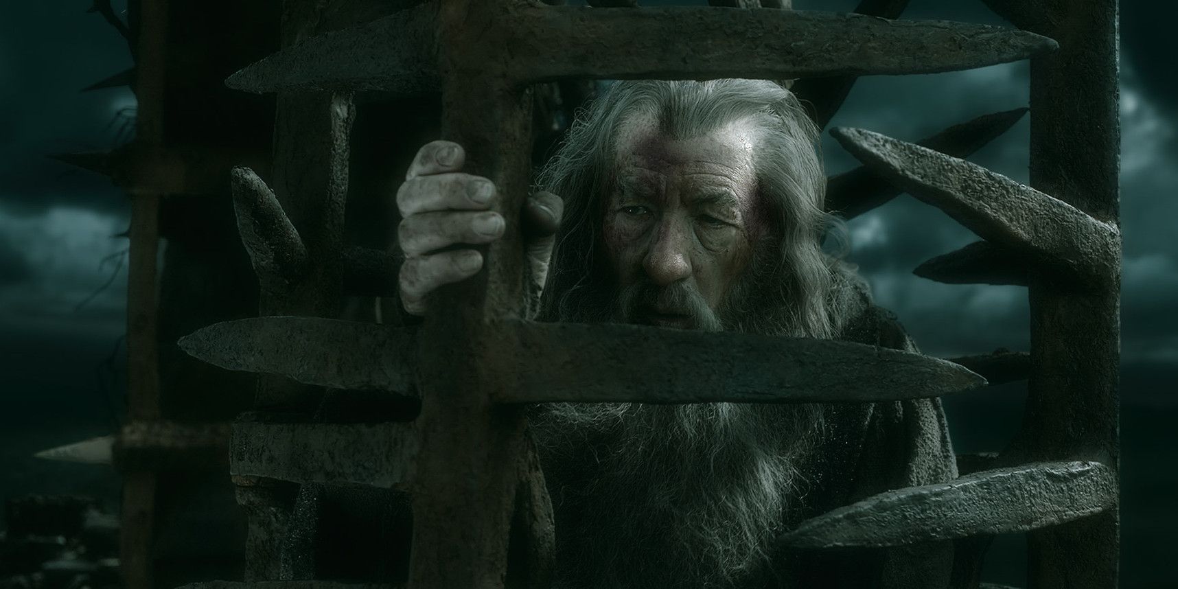 Gandalf trapped in a cage at Dol Guldur from The Hobbit