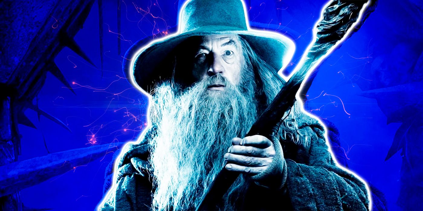 Gandalf from Lord of the Rings and The Hobbit, raising his staff against a blue background