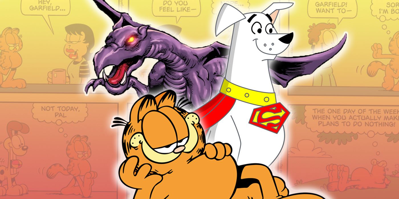 Split image of Garfield, Krypto, and Lockheed with a comic strip in the background