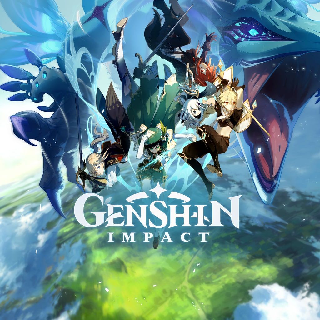 characters falling through the sky with the Genshin Impact logo