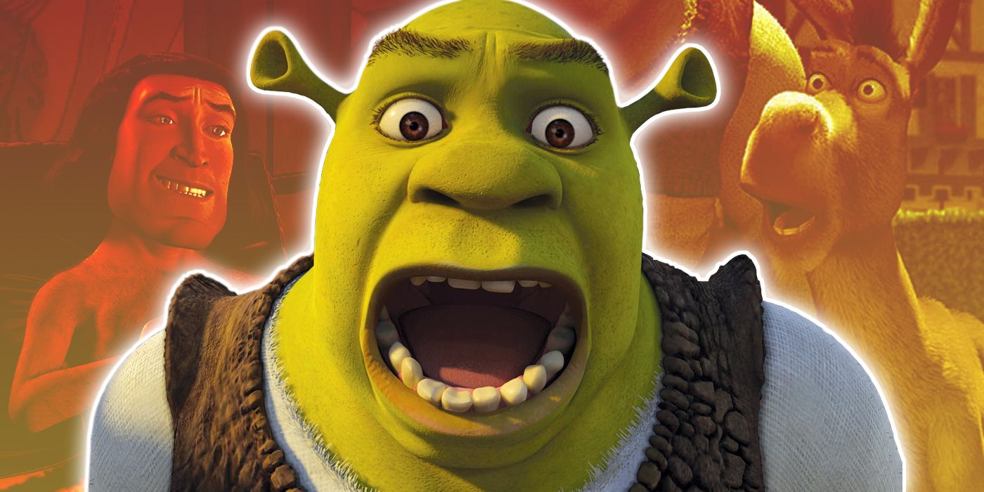 Shrek screaming with Lord Farquaad and Donkey in the background