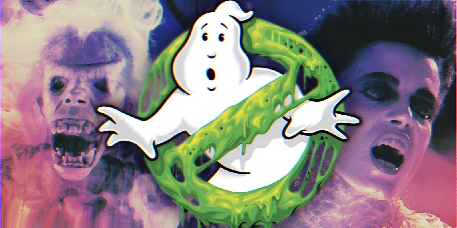 Ghostbusters green slime and ghost logo alongside library ghost screaming and Gozer