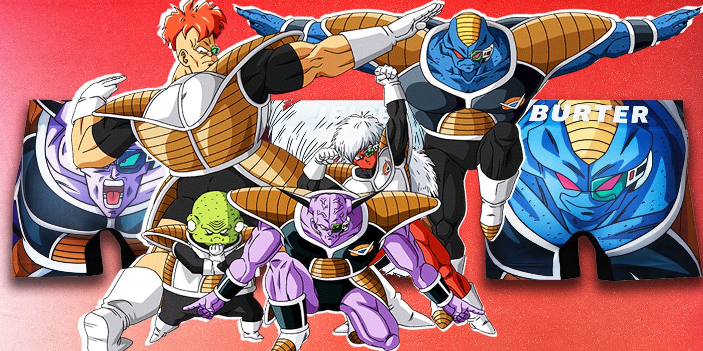 The Ginyu Force in their Dragon Ball Z anime poses with underwear merchandise