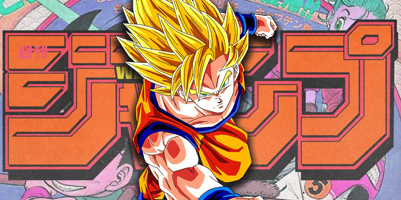 Goku from Dragon Ball in Super Saiyan form against the Shonen Jump logo