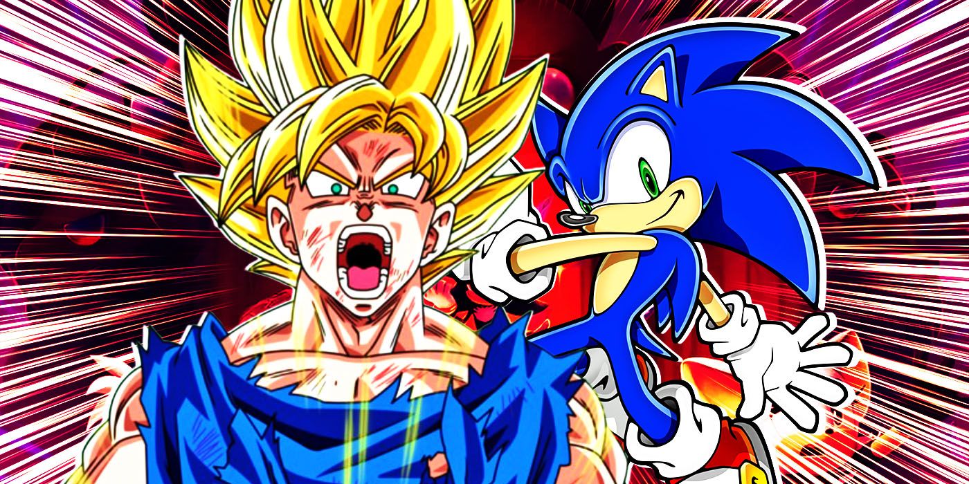 Goku in his first Super Saiyan form in Dragon Ball Z next to Sonic the Hedgehog