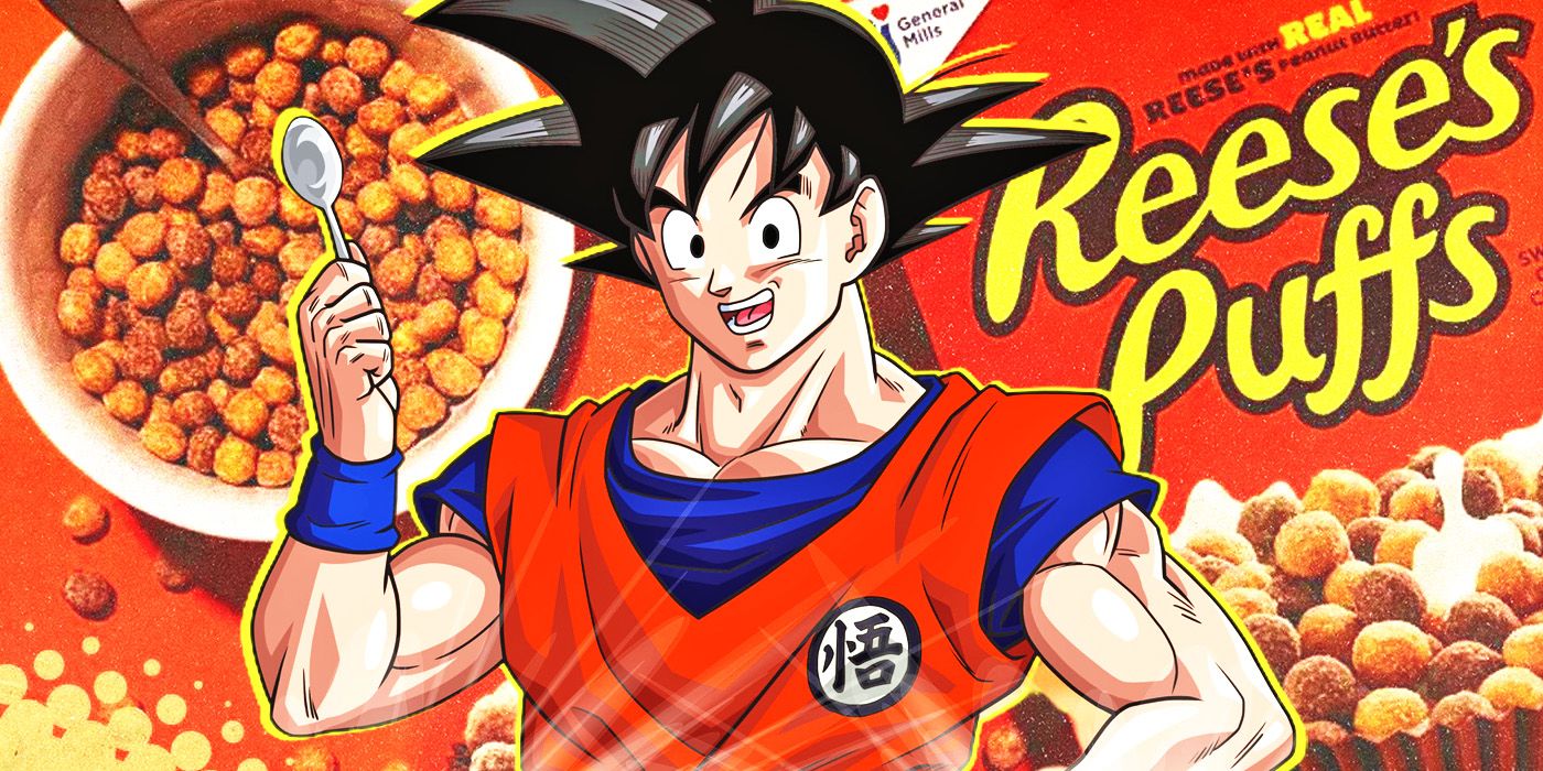 Goku from Dragon Ball Z standing in front of Reese's Puffs holding a spoon