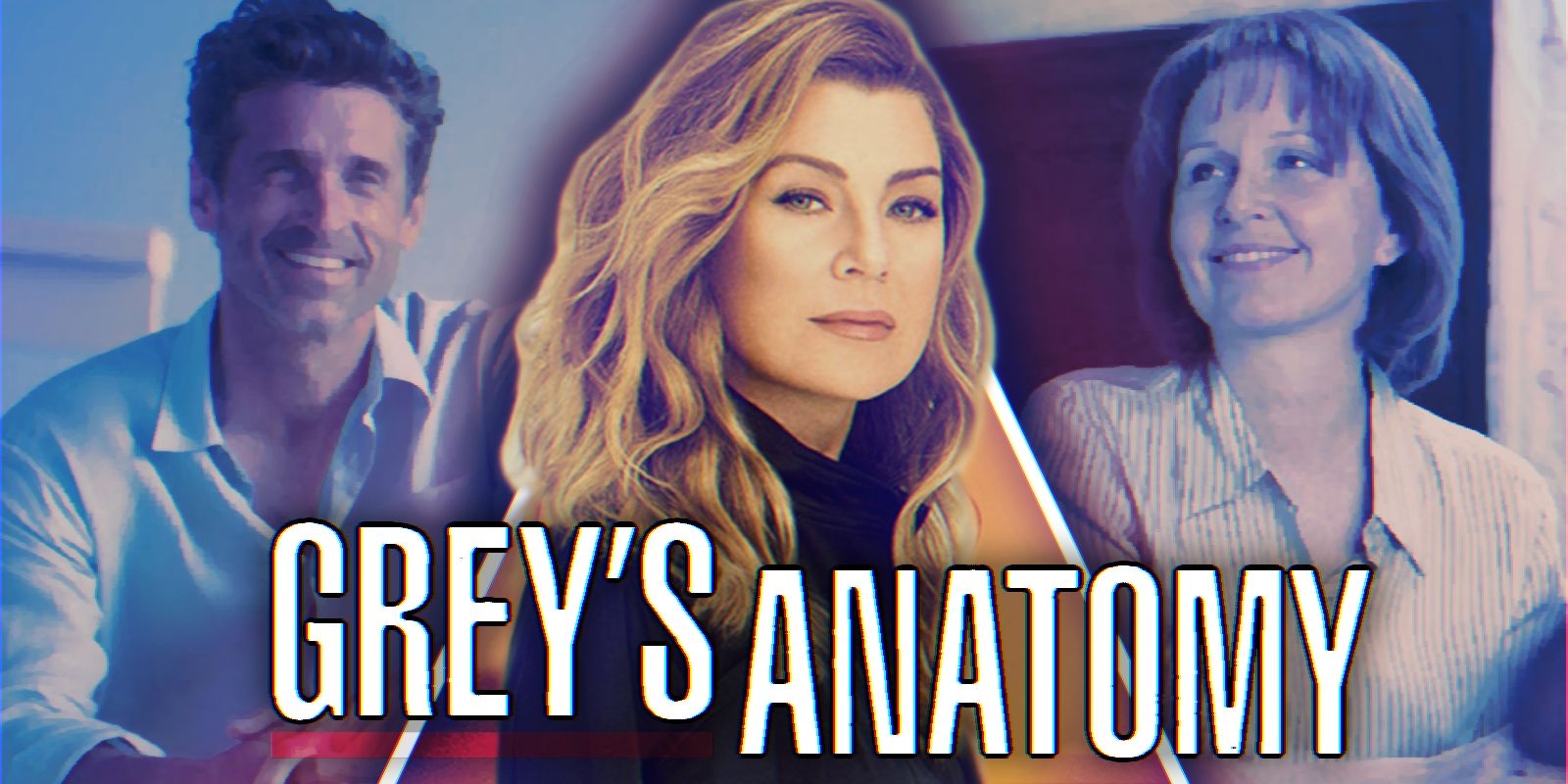 Meredith Grey and the Grey’s Anatomy logo alongside stills of Derek and Ellis smiling toward her.