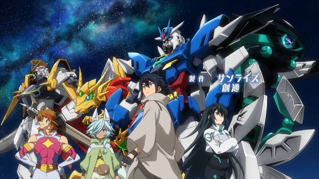 The cast standing in front of their mechs Gundam Build Divers Re:Rise