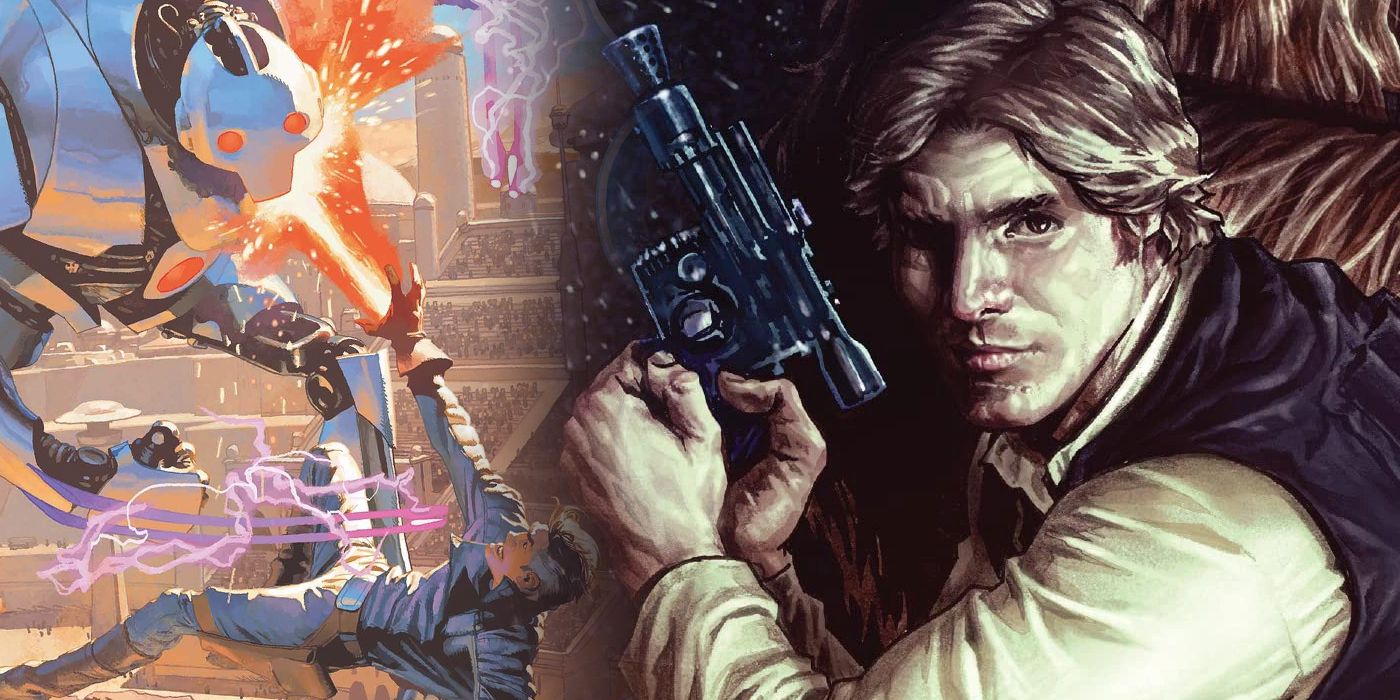 Han Solo with a fight between a droid and a cyborg from Star Wars: Bounty Hunters #42 in the background.