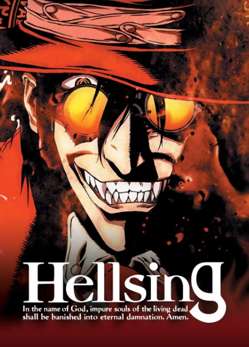 La portada del anime Hellsing muestra a un vampiro con gafas de sol y sonriendo con la boca abierta.