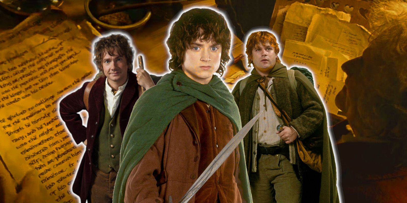 Bilbo from The Hobbit and Frodo and Sam from The Lord of the Rings in front of handwritten manuscripts