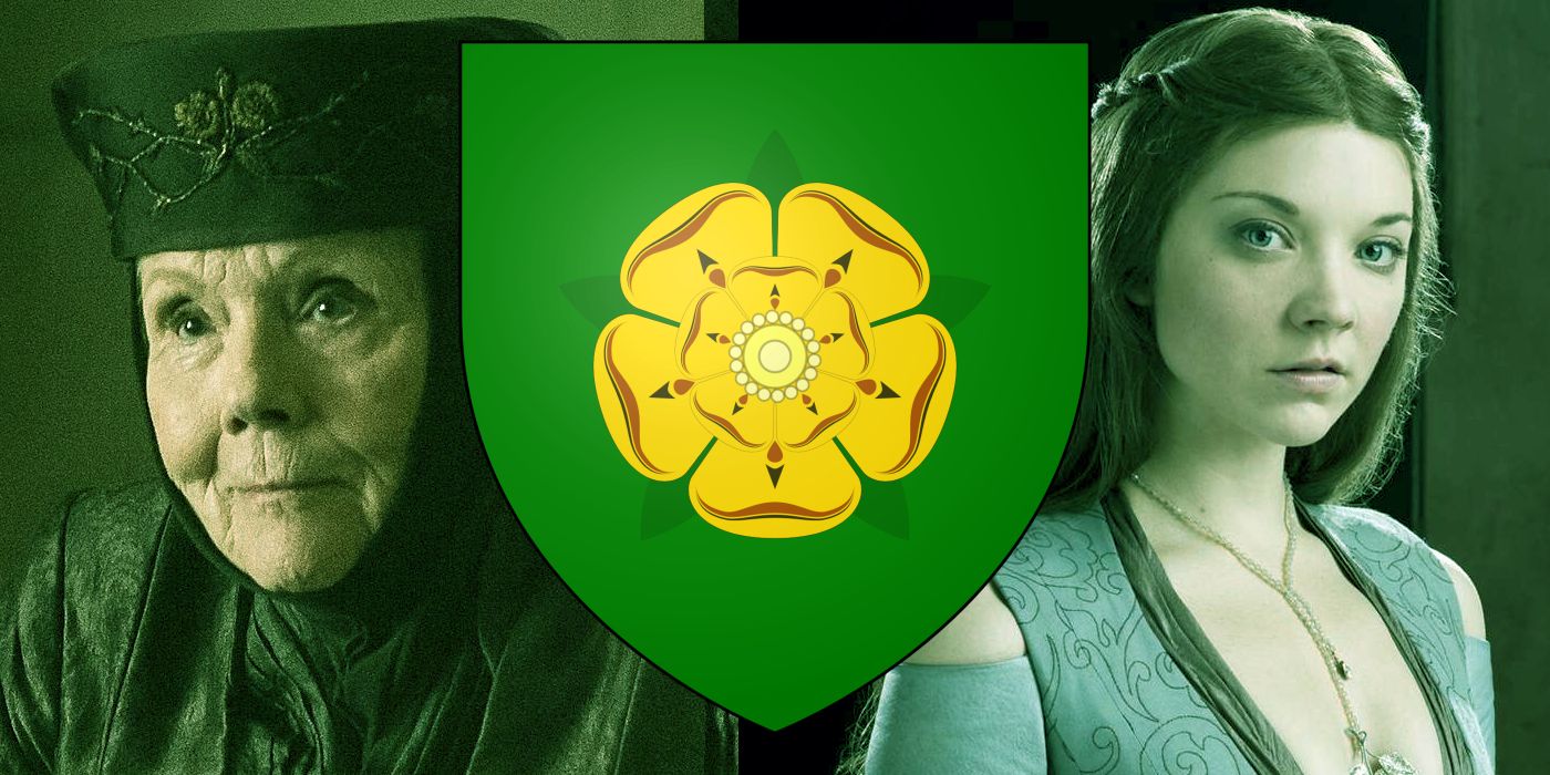 Uma imagem composta apresenta Lady Olenna, o símbolo da casa Tyrell, e a Rainha Margeary em Game of Thrones