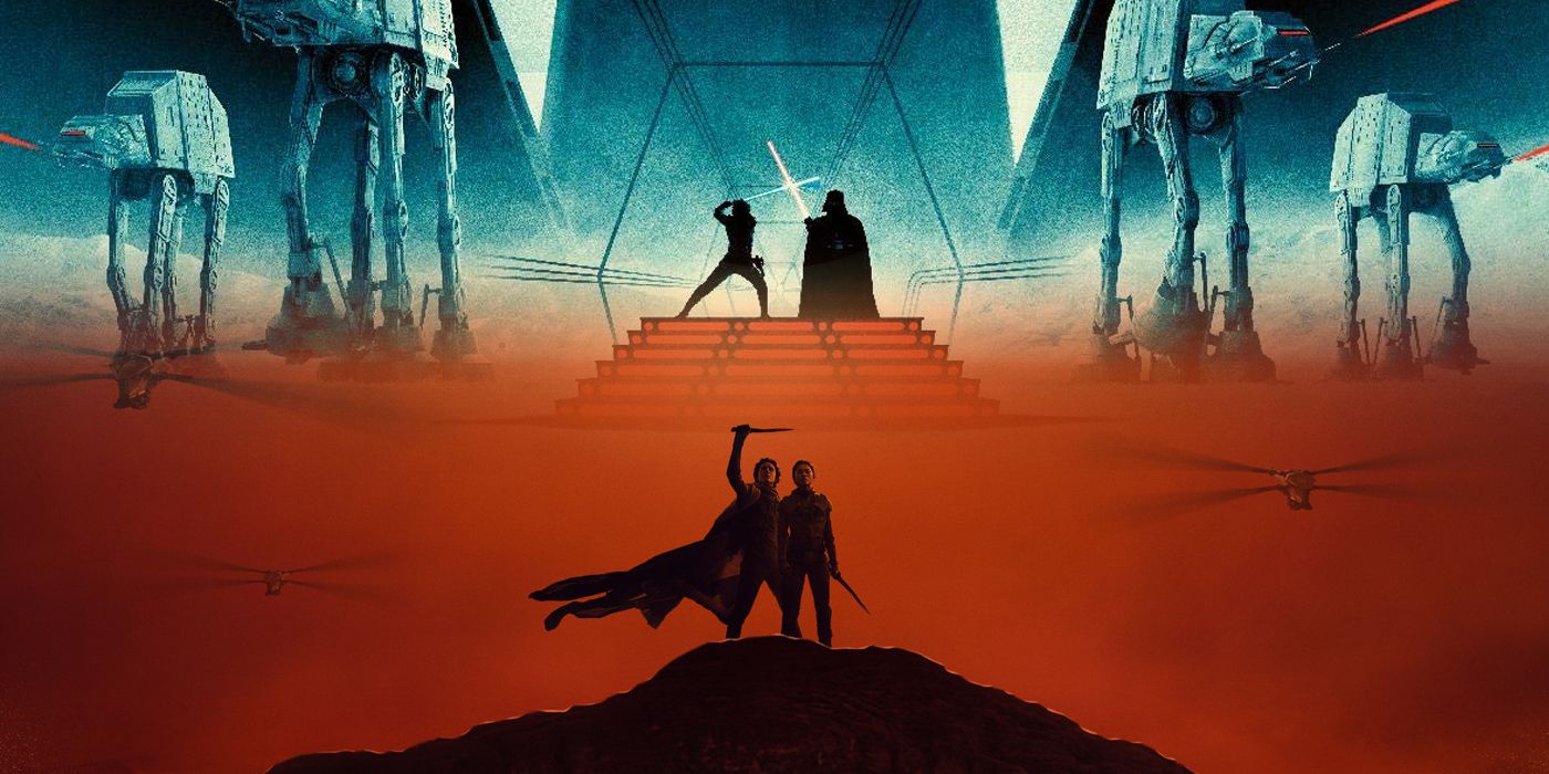 A poster for Dune: Part Two with a similar poster for The Empire Strikes Back on top