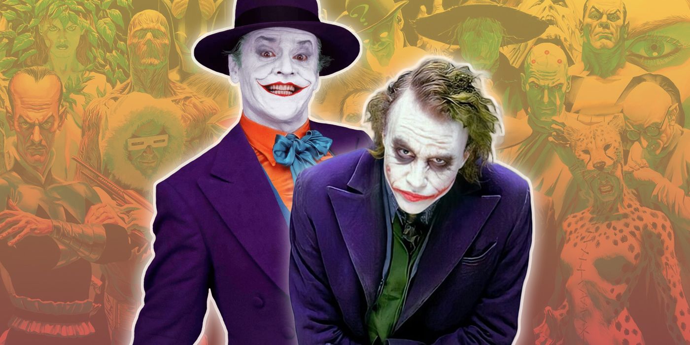 Heath Ledger and Jack Nicholson as Joker with DC Comics villains in the background