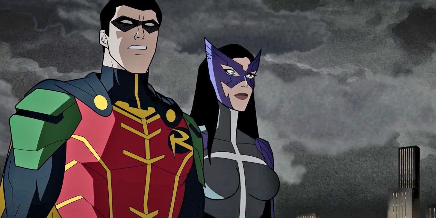 The Huntress (Helena Wayne) stands next to a concerned Robin (Dick Grayson) in Crisis on Infinite Earths Part Two