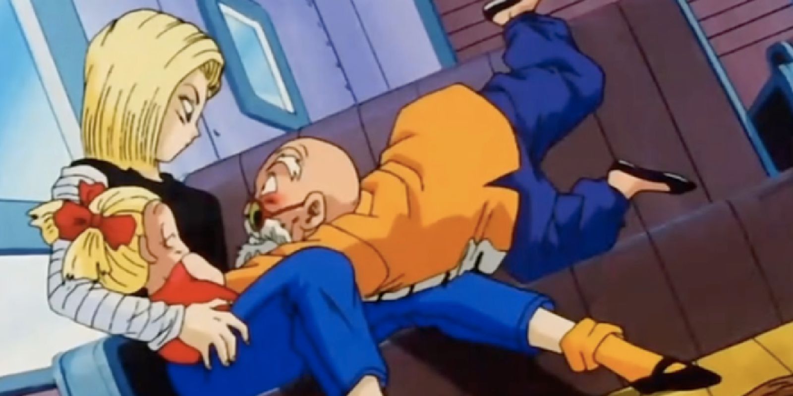 Master Roshi falls into Android 18's lap in DBZ