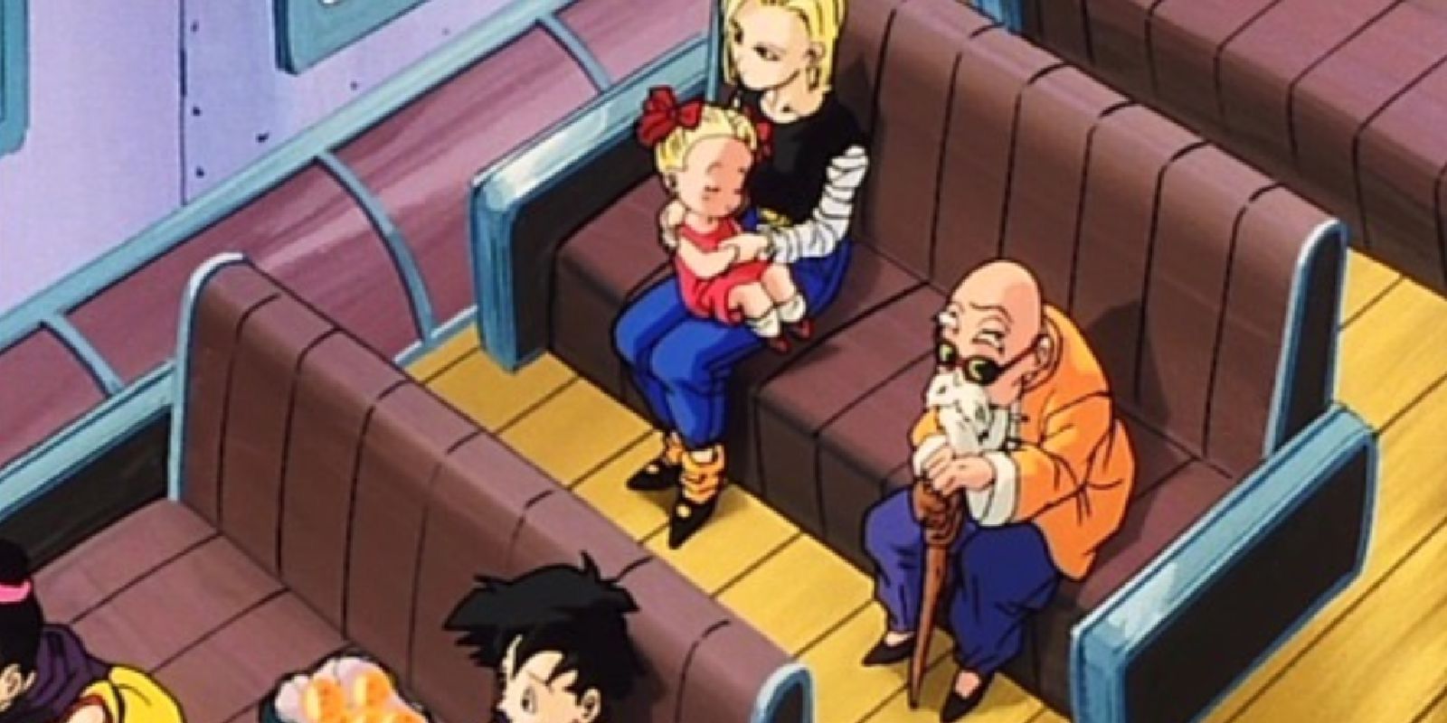 master roshi, marron, android 18 and Video sit on a ship in Dragon Ball Z's Buu Saga