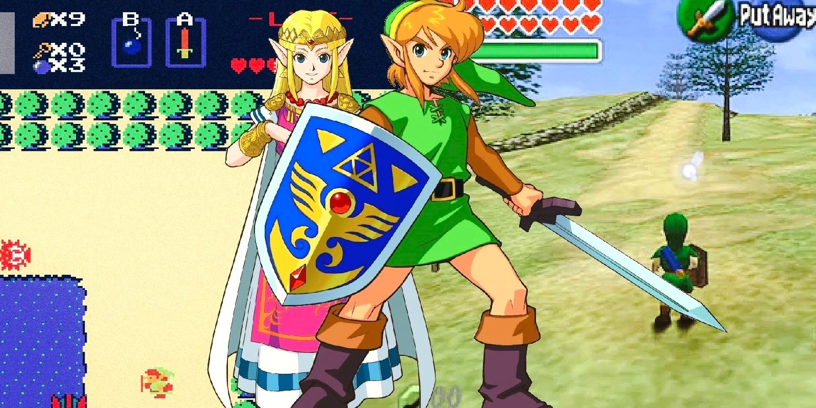 Link protecting Princess Zelda from a link to the past in front of OG NES Zelda and OOT 