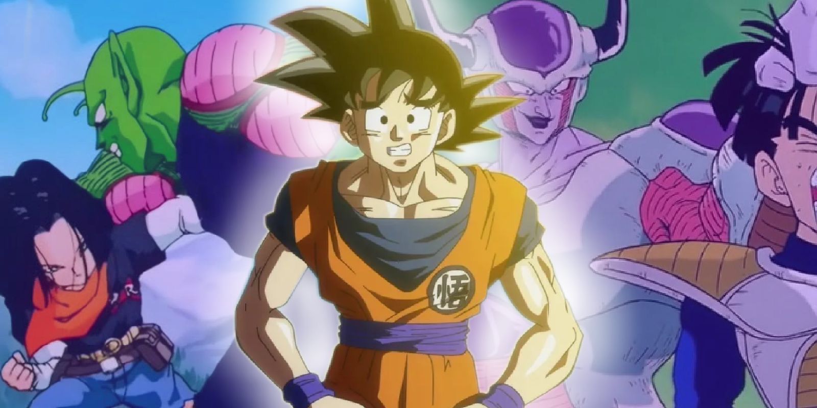 Goku looking embarrassed in front of Frieza fighting Gohan and Piccolo fighting Android 17