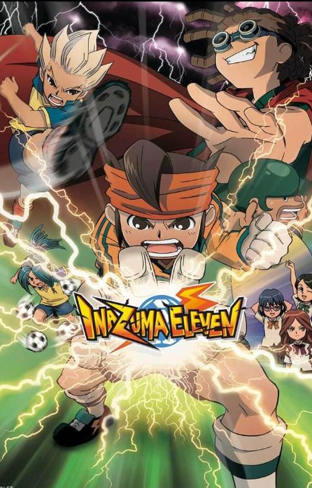 Inazuma Eleven anime cover art with soccer players surrounded by lightning