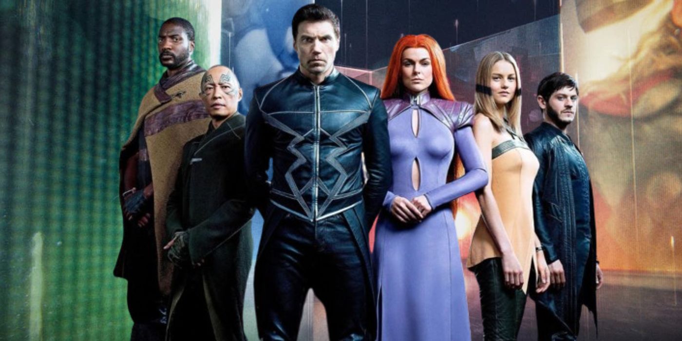 The main cast of the Inhumans series against the MCU's opening logo montage.
