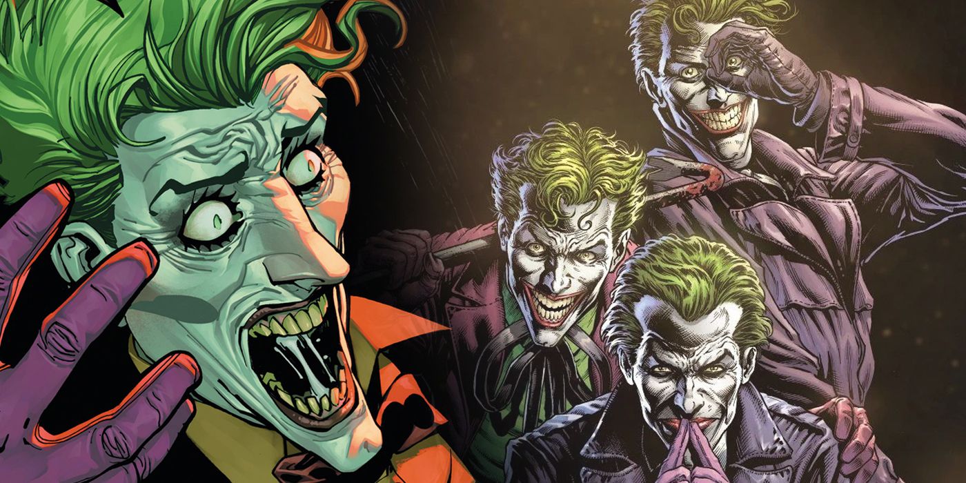 Joker from Batman #143 looking in terror as Three Jokers make faces behind him