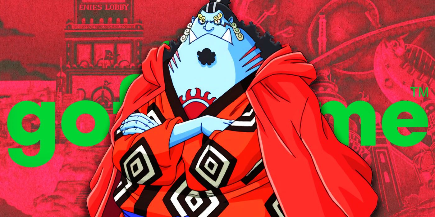 Jimbei from the anime One Piece in front of the official GoFundMe logo