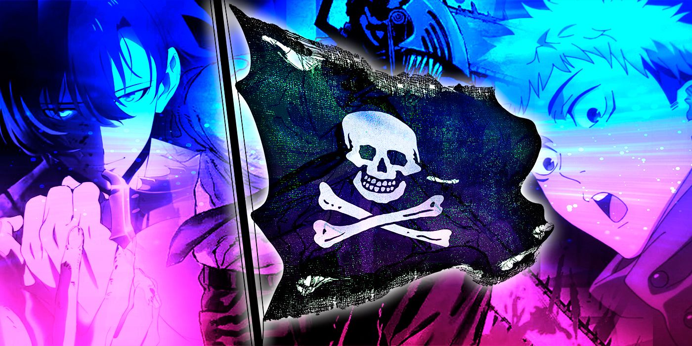 A collage of Solo Leveling, Chainsaw Man and Jujutsu Kaisen with a pirate flag