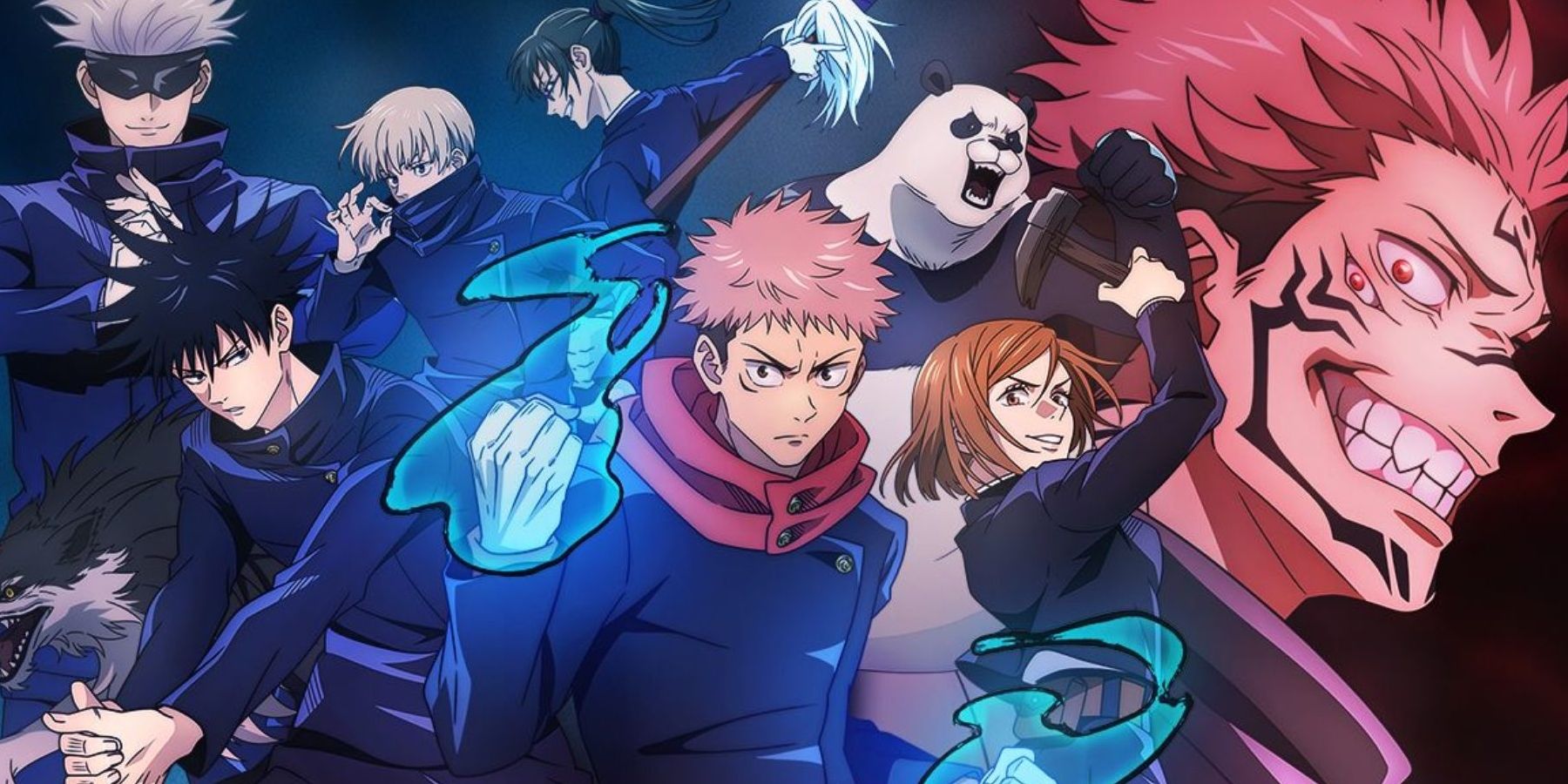 The characters in their ready for battle poses in the Jujutsu Kaisen Cursed Clash Cover Art