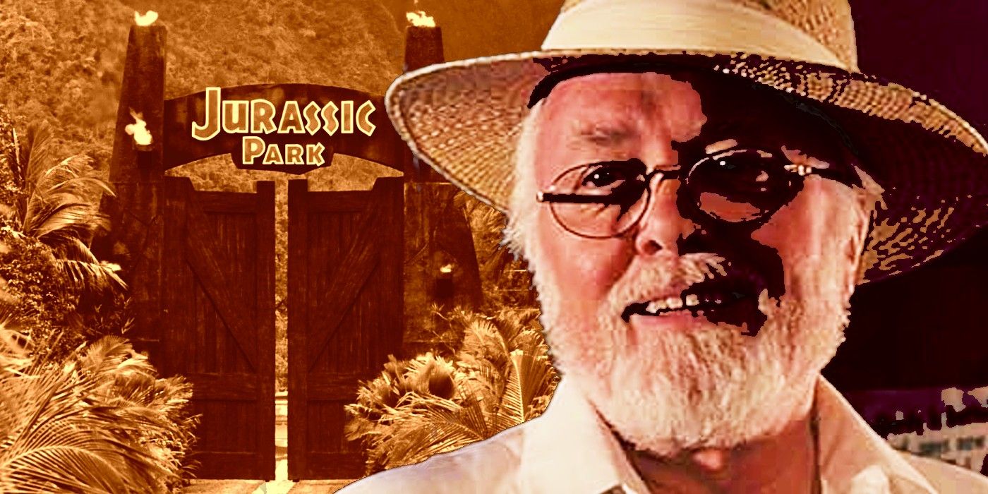 John Hammond (Richard Attenborough) with the iconic Jurassic Park gates.