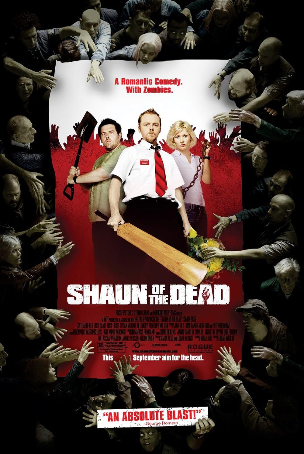 Kate Ashfield, Nick Frost, and Simon Pegg posing with weapons in Shaun of the Dead poster