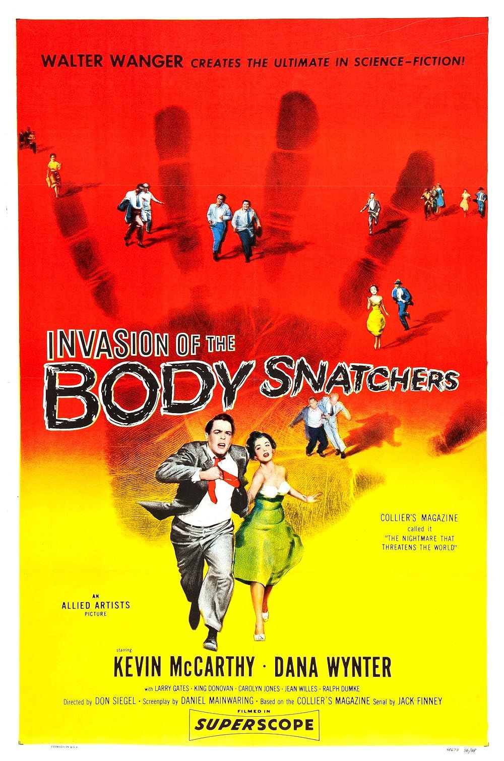 Kevin McCarthy and Dana Wynter run from various people on the Invasion of the Body Snatchers 1956 poster